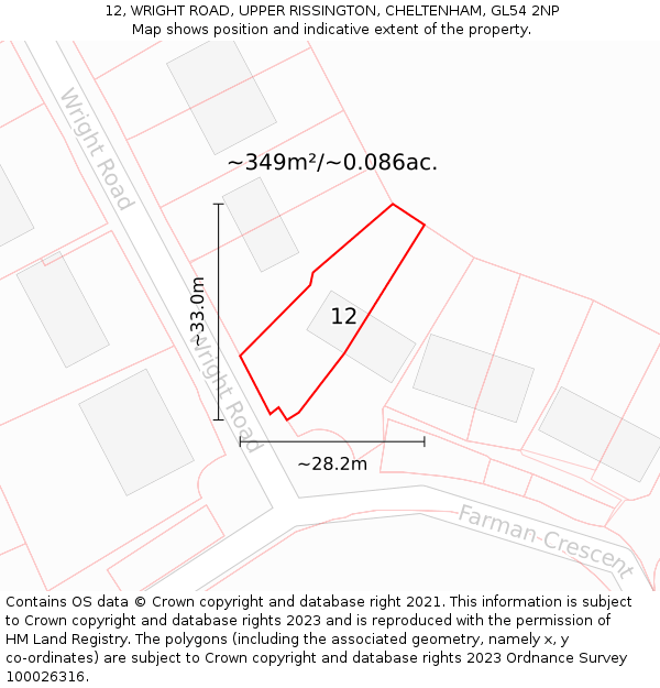 12, WRIGHT ROAD, UPPER RISSINGTON, CHELTENHAM, GL54 2NP: Plot and title map
