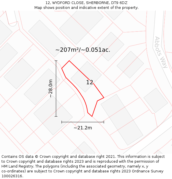 12, WYDFORD CLOSE, SHERBORNE, DT9 6DZ: Plot and title map