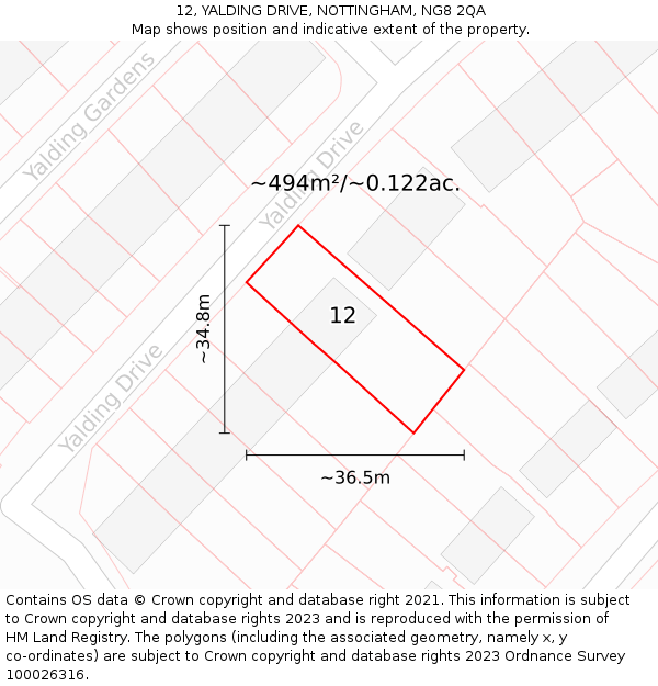 12, YALDING DRIVE, NOTTINGHAM, NG8 2QA: Plot and title map