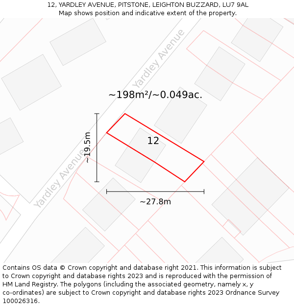12, YARDLEY AVENUE, PITSTONE, LEIGHTON BUZZARD, LU7 9AL: Plot and title map
