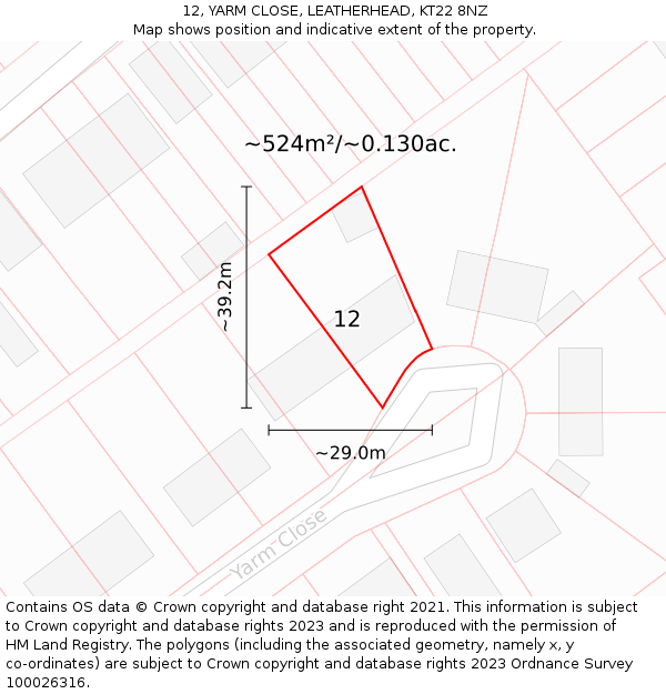 12, YARM CLOSE, LEATHERHEAD, KT22 8NZ: Plot and title map