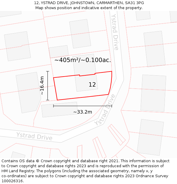 12, YSTRAD DRIVE, JOHNSTOWN, CARMARTHEN, SA31 3PG: Plot and title map