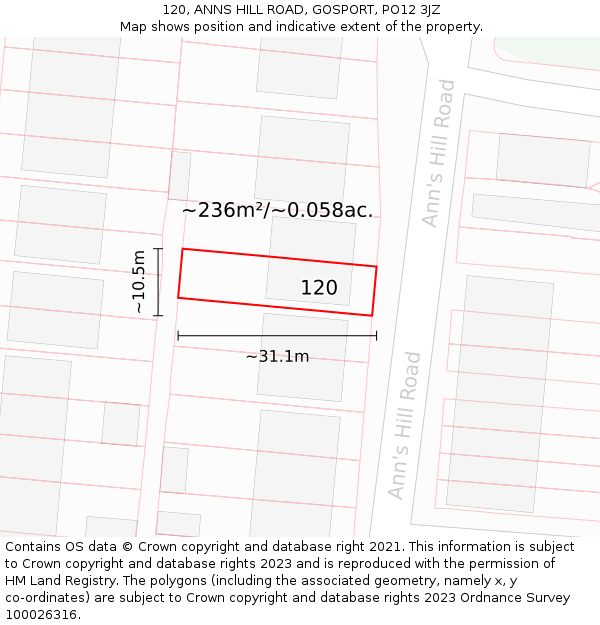 120, ANNS HILL ROAD, GOSPORT, PO12 3JZ: Plot and title map