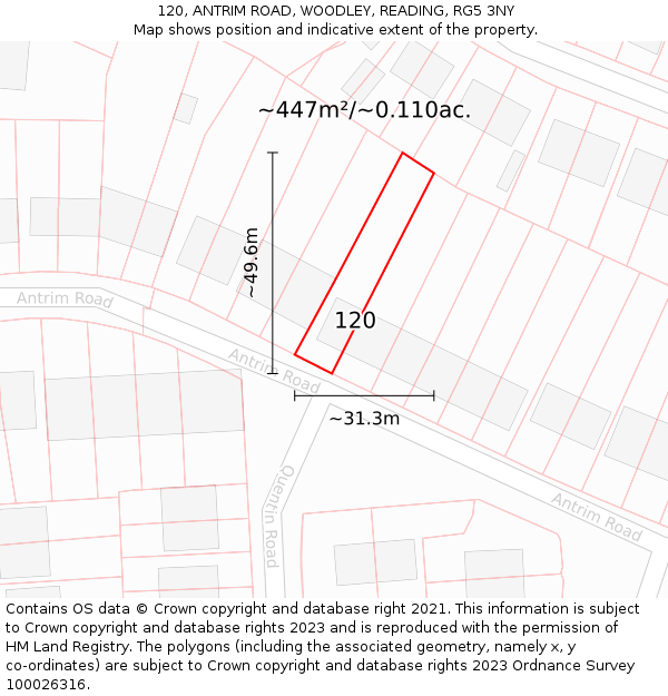 120, ANTRIM ROAD, WOODLEY, READING, RG5 3NY: Plot and title map