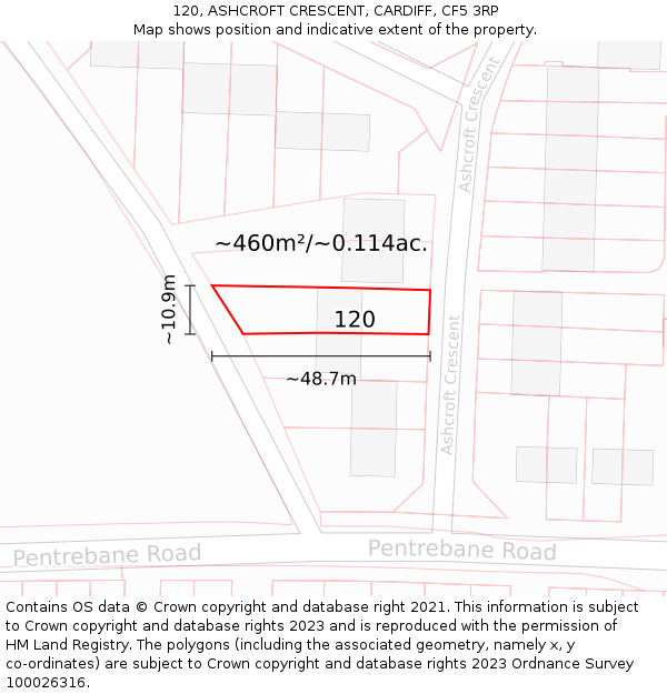 120, ASHCROFT CRESCENT, CARDIFF, CF5 3RP: Plot and title map