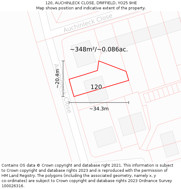 120, AUCHINLECK CLOSE, DRIFFIELD, YO25 9HE: Plot and title map