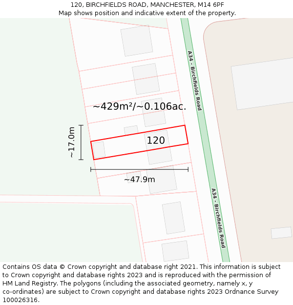 120, BIRCHFIELDS ROAD, MANCHESTER, M14 6PF: Plot and title map