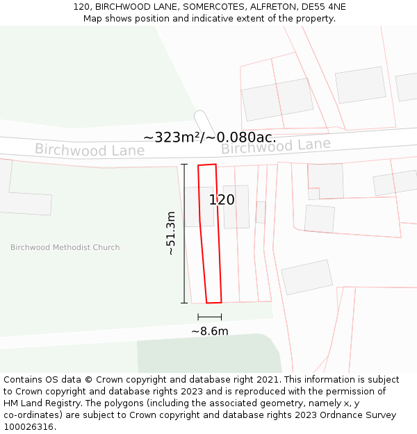 120, BIRCHWOOD LANE, SOMERCOTES, ALFRETON, DE55 4NE: Plot and title map