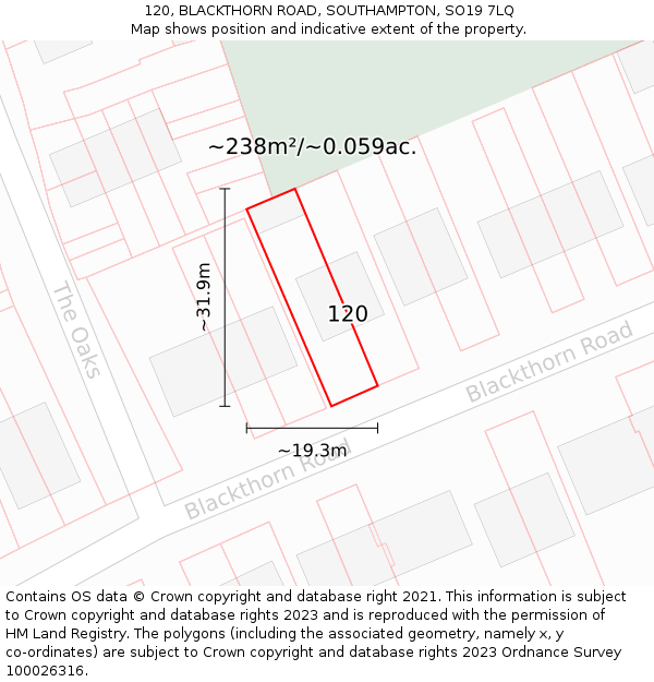 120, BLACKTHORN ROAD, SOUTHAMPTON, SO19 7LQ: Plot and title map