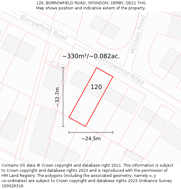 120, BORROWFIELD ROAD, SPONDON, DERBY, DE21 7HG: Plot and title map