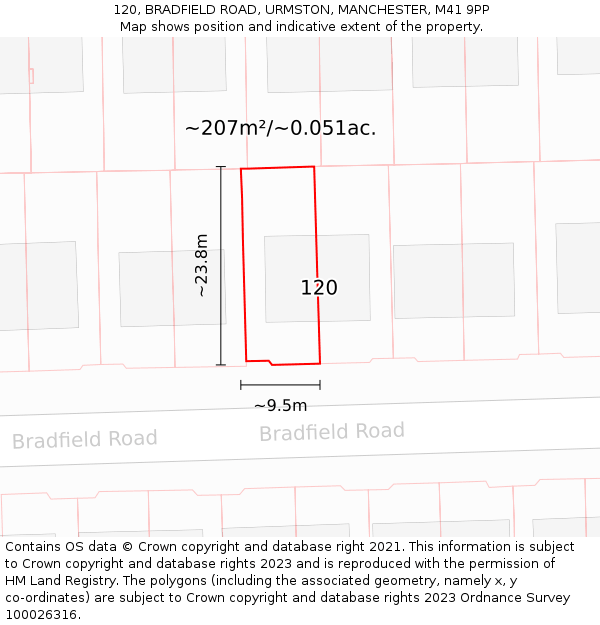 120, BRADFIELD ROAD, URMSTON, MANCHESTER, M41 9PP: Plot and title map