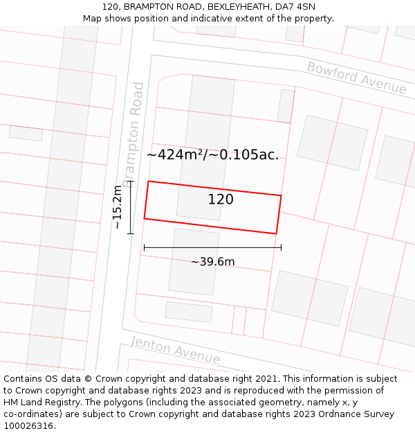 120, BRAMPTON ROAD, BEXLEYHEATH, DA7 4SN: Plot and title map