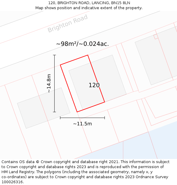 120, BRIGHTON ROAD, LANCING, BN15 8LN: Plot and title map