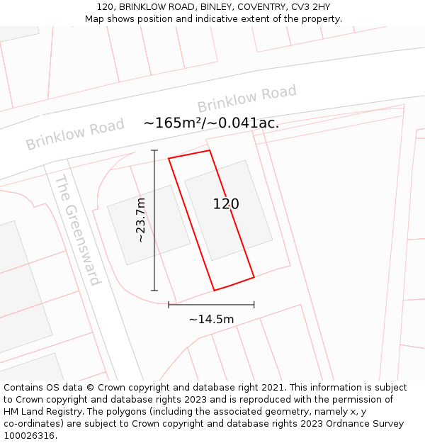 120, BRINKLOW ROAD, BINLEY, COVENTRY, CV3 2HY: Plot and title map