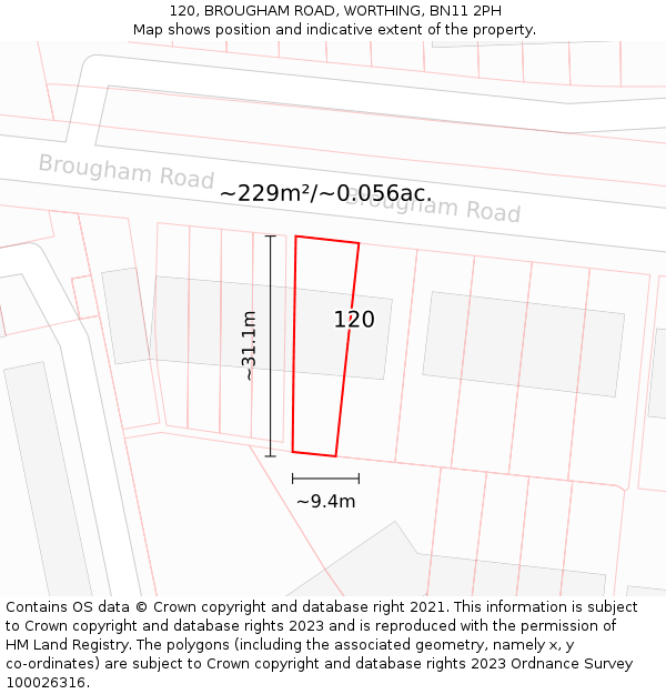 120, BROUGHAM ROAD, WORTHING, BN11 2PH: Plot and title map