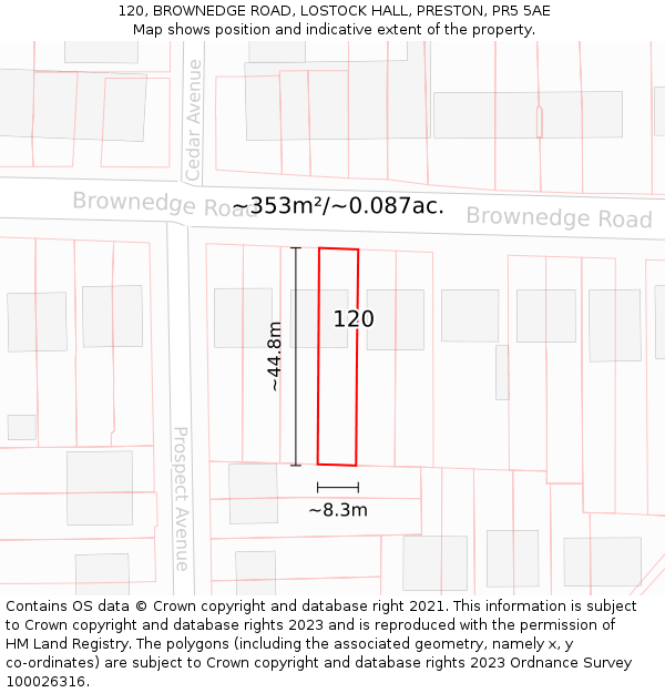 120, BROWNEDGE ROAD, LOSTOCK HALL, PRESTON, PR5 5AE: Plot and title map