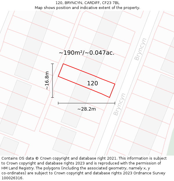 120, BRYNCYN, CARDIFF, CF23 7BL: Plot and title map