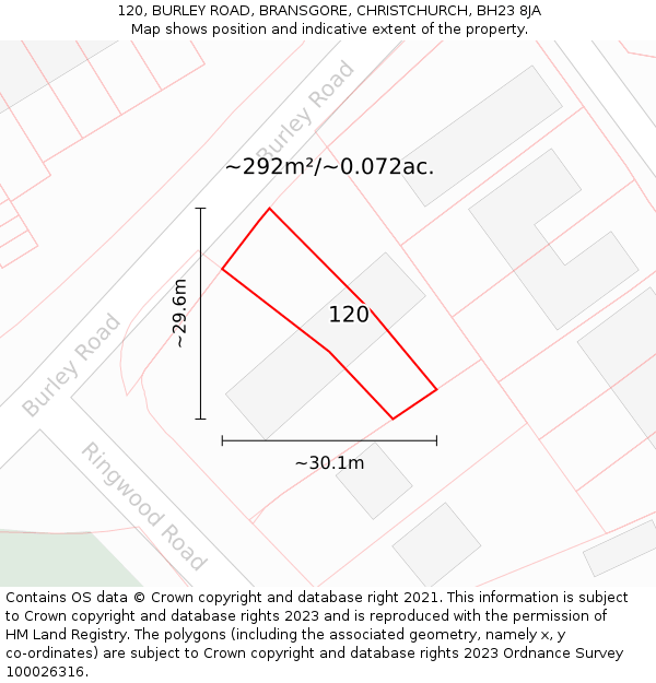120, BURLEY ROAD, BRANSGORE, CHRISTCHURCH, BH23 8JA: Plot and title map