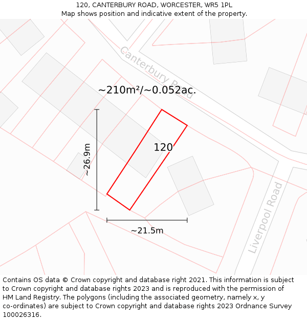 120, CANTERBURY ROAD, WORCESTER, WR5 1PL: Plot and title map