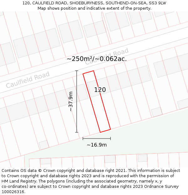 120, CAULFIELD ROAD, SHOEBURYNESS, SOUTHEND-ON-SEA, SS3 9LW: Plot and title map