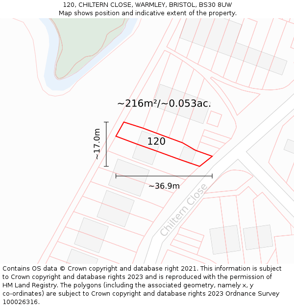 120, CHILTERN CLOSE, WARMLEY, BRISTOL, BS30 8UW: Plot and title map