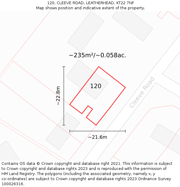 120, CLEEVE ROAD, LEATHERHEAD, KT22 7NF: Plot and title map
