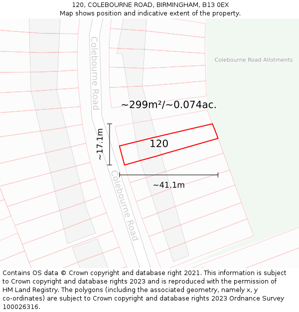 120, COLEBOURNE ROAD, BIRMINGHAM, B13 0EX: Plot and title map