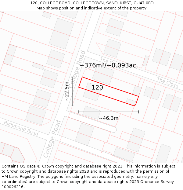 120, COLLEGE ROAD, COLLEGE TOWN, SANDHURST, GU47 0RD: Plot and title map