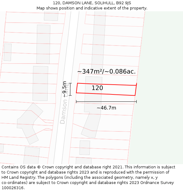 120, DAMSON LANE, SOLIHULL, B92 9JS: Plot and title map