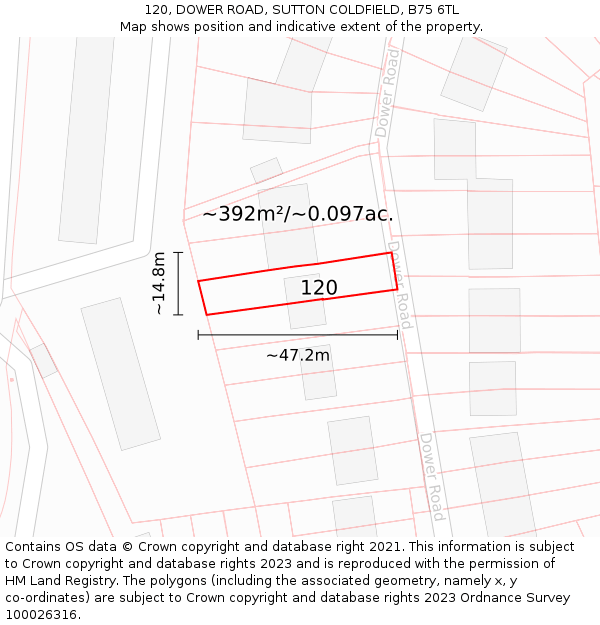 120, DOWER ROAD, SUTTON COLDFIELD, B75 6TL: Plot and title map