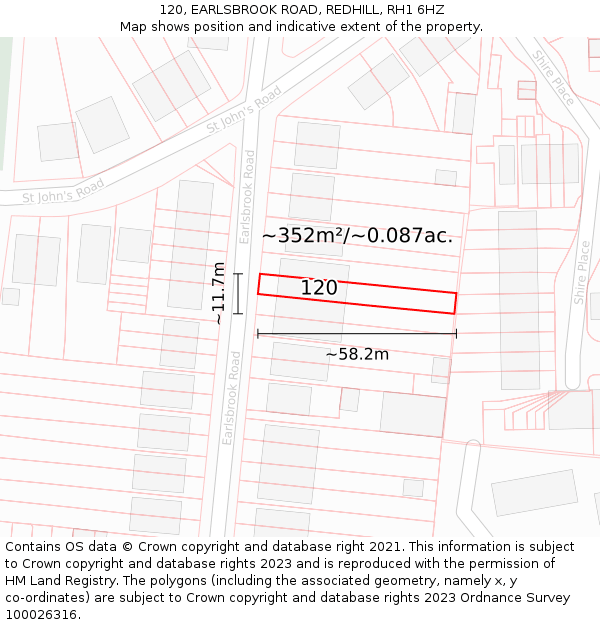 120, EARLSBROOK ROAD, REDHILL, RH1 6HZ: Plot and title map