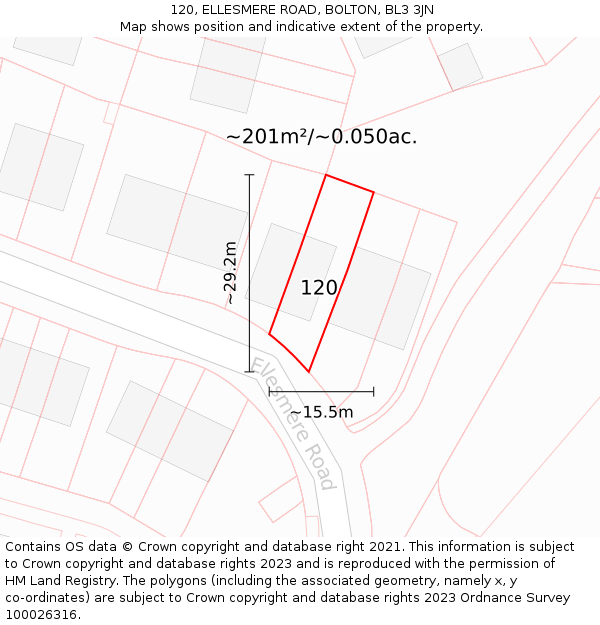 120, ELLESMERE ROAD, BOLTON, BL3 3JN: Plot and title map