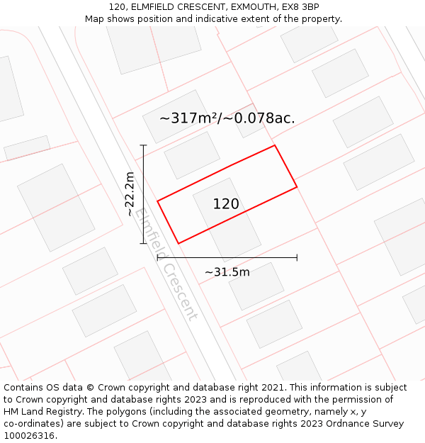 120, ELMFIELD CRESCENT, EXMOUTH, EX8 3BP: Plot and title map