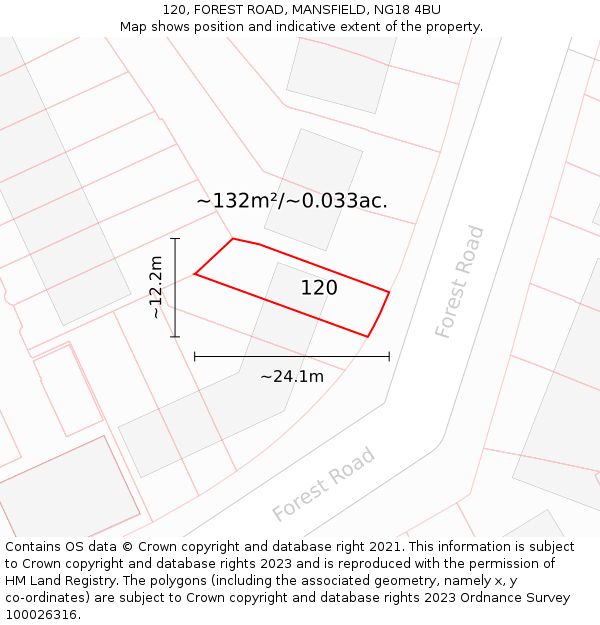 120, FOREST ROAD, MANSFIELD, NG18 4BU: Plot and title map