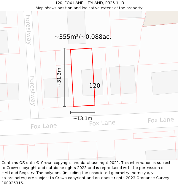 120, FOX LANE, LEYLAND, PR25 1HB: Plot and title map