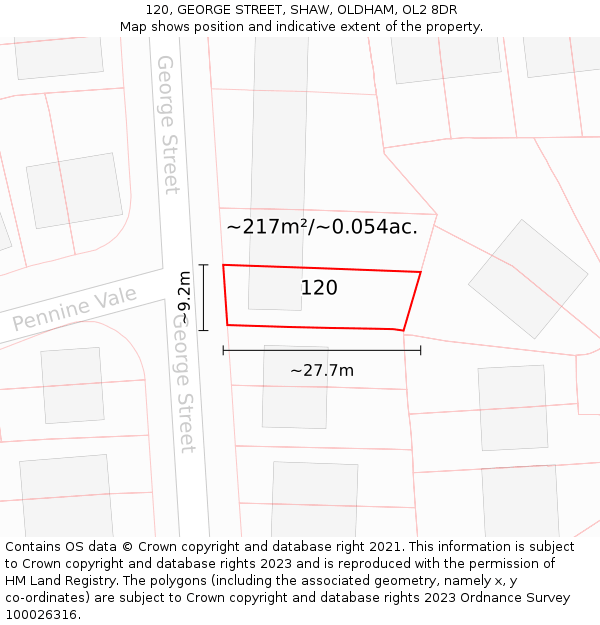 120, GEORGE STREET, SHAW, OLDHAM, OL2 8DR: Plot and title map