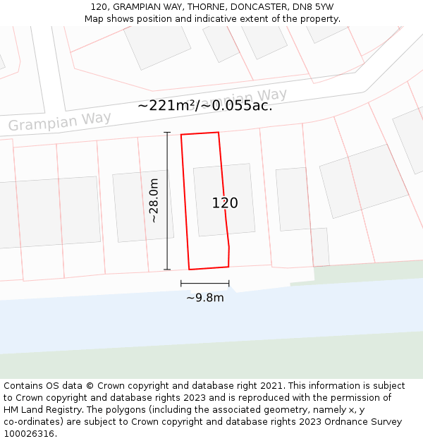 120, GRAMPIAN WAY, THORNE, DONCASTER, DN8 5YW: Plot and title map