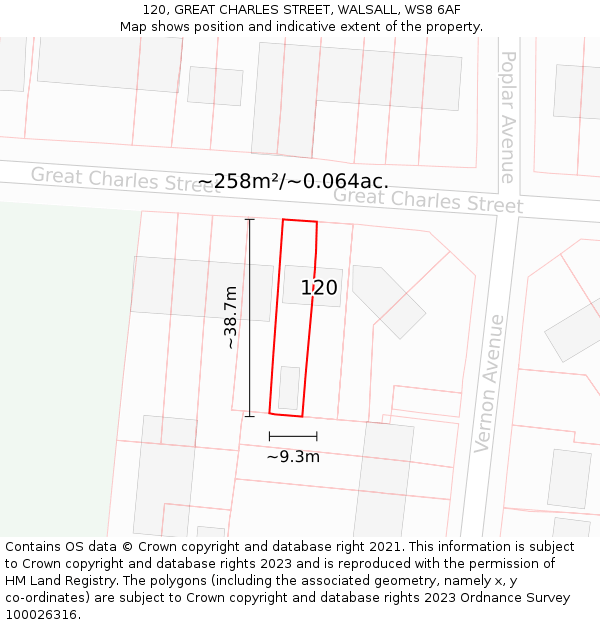 120, GREAT CHARLES STREET, WALSALL, WS8 6AF: Plot and title map