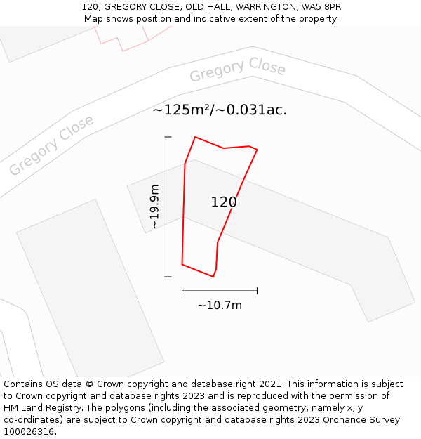 120, GREGORY CLOSE, OLD HALL, WARRINGTON, WA5 8PR: Plot and title map