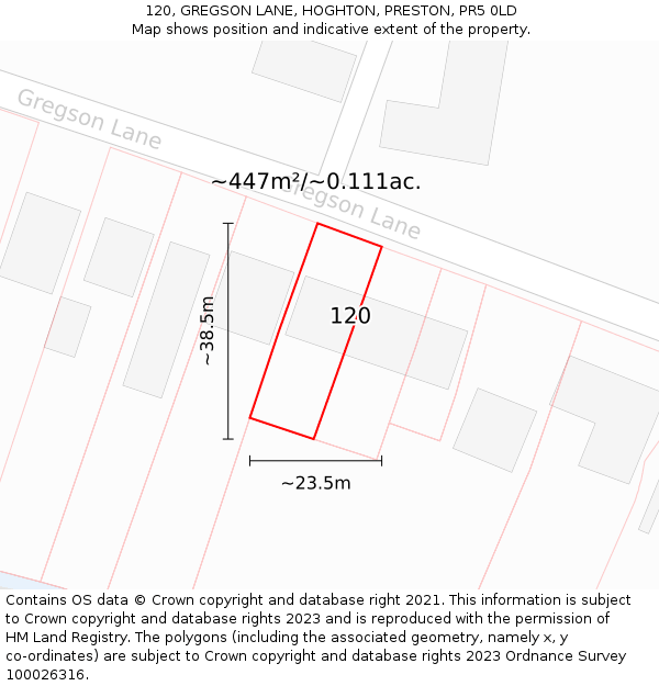 120, GREGSON LANE, HOGHTON, PRESTON, PR5 0LD: Plot and title map