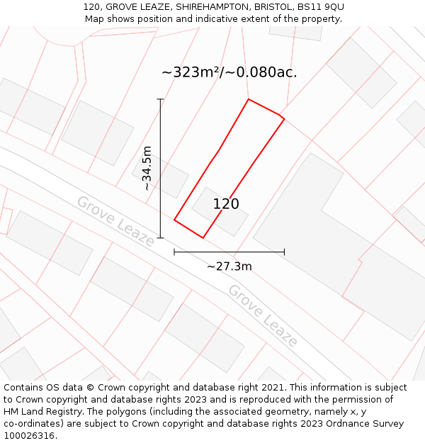 120, GROVE LEAZE, SHIREHAMPTON, BRISTOL, BS11 9QU: Plot and title map