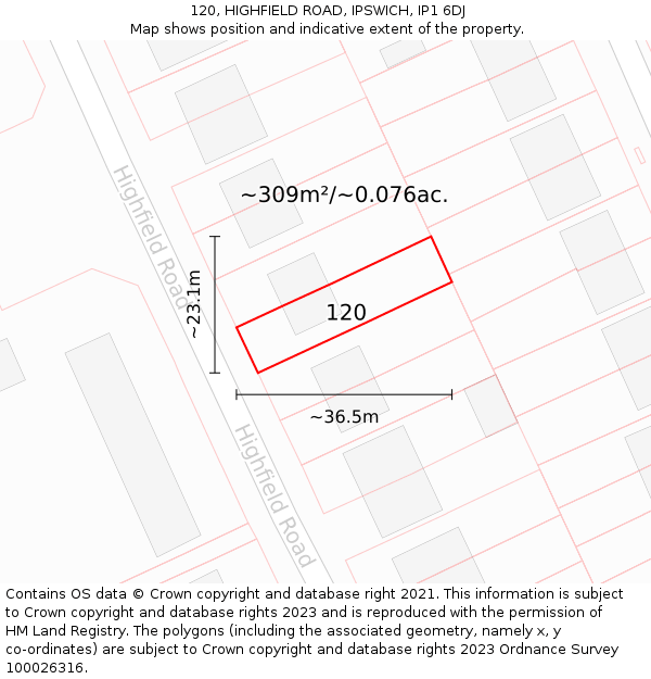 120, HIGHFIELD ROAD, IPSWICH, IP1 6DJ: Plot and title map