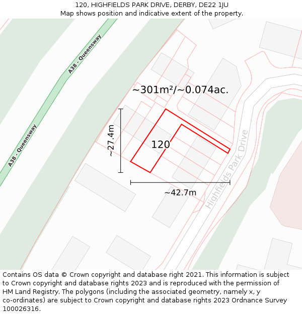 120, HIGHFIELDS PARK DRIVE, DERBY, DE22 1JU: Plot and title map