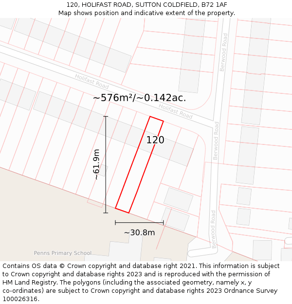 120, HOLIFAST ROAD, SUTTON COLDFIELD, B72 1AF: Plot and title map