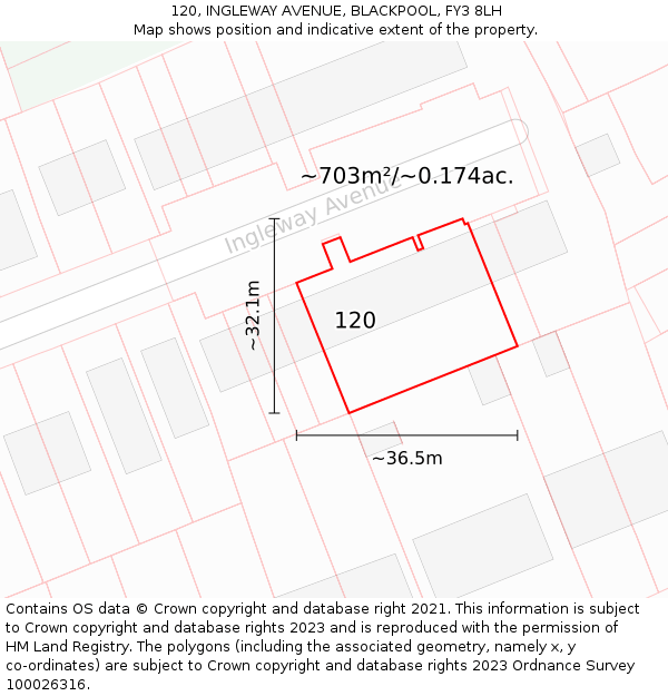 120, INGLEWAY AVENUE, BLACKPOOL, FY3 8LH: Plot and title map