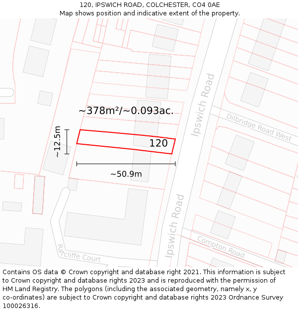 120, IPSWICH ROAD, COLCHESTER, CO4 0AE: Plot and title map