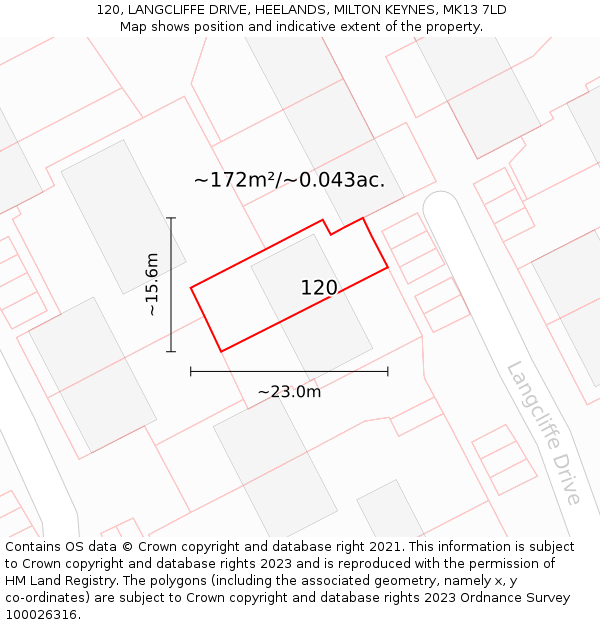 120, LANGCLIFFE DRIVE, HEELANDS, MILTON KEYNES, MK13 7LD: Plot and title map