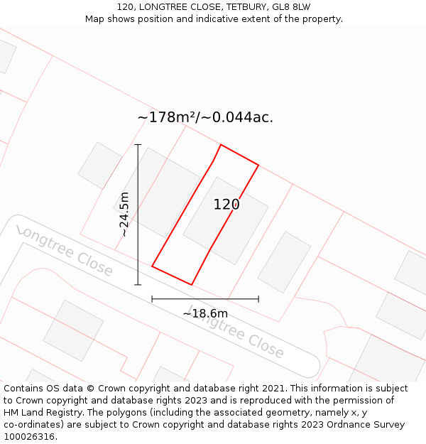 120, LONGTREE CLOSE, TETBURY, GL8 8LW: Plot and title map