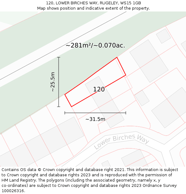 120, LOWER BIRCHES WAY, RUGELEY, WS15 1GB: Plot and title map