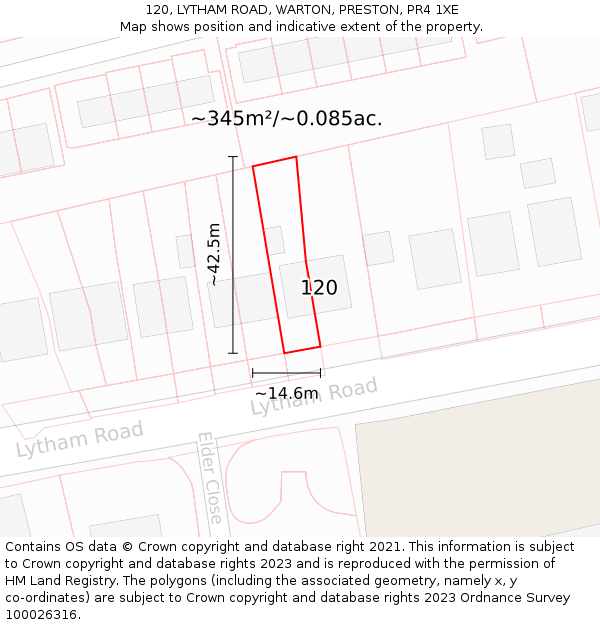 120, LYTHAM ROAD, WARTON, PRESTON, PR4 1XE: Plot and title map
